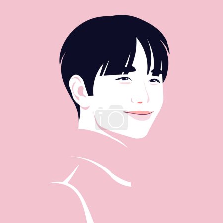 Téléchargez les illustrations : Le visage d'un jeune Asiatique sur fond rose. Illustration à plat vectoriel - en licence libre de droit