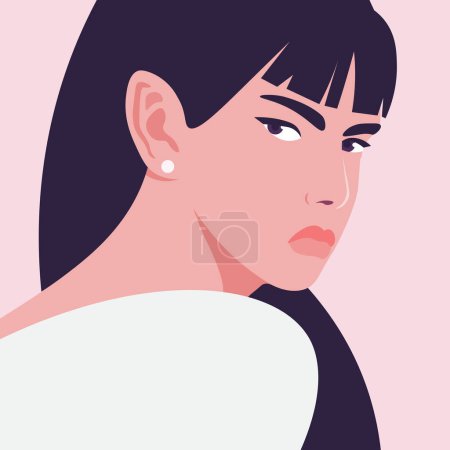 Illustration for The portrait of a sneaky and evil Asian woman. The avatar for social media. Facial expressions. Vector illustration in flat style. - Royalty Free Image