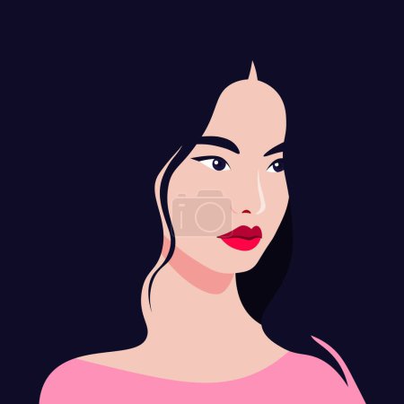 Téléchargez les illustrations : Le visage d'une jeune femme asiatique est à moitié tourné. Portrait de modèle de mode sur fond sombre. Illustration à plat vectoriel - en licence libre de droit