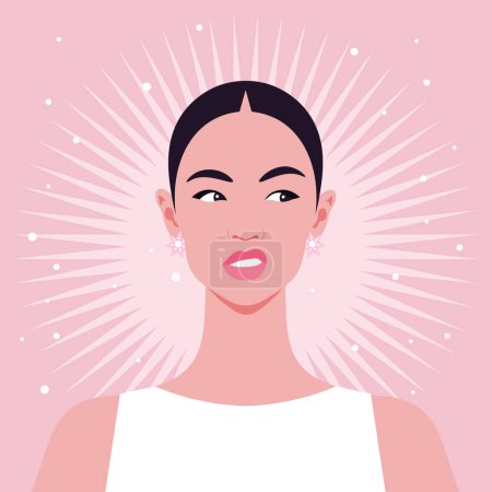 Illustration for Disgust and discontent. An Asian woman's face in a grimace. An unpleasant smell. Vector flat illustration - Royalty Free Image