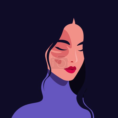 Téléchargez les illustrations : Le visage d'une jeune femme asiatique avec une tache de naissance. Portrait de modèle de mode sur fond sombre. Illustration à plat vectoriel - en licence libre de droit