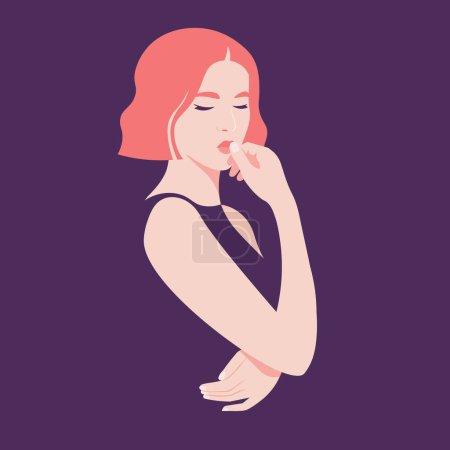 A young red-haired woman thinks and makes a decision. Portrait of a student standing with her eyes closed. Problems and their solution. Vector flat illustration