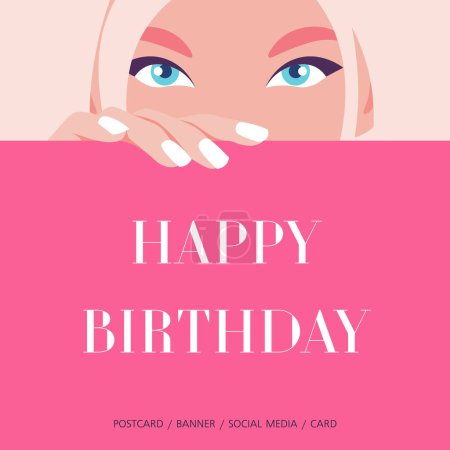 The beautiful blonde's face peeks out. Internet banner and postcard. Beauty salon, manicure and makeup. Fashion vector illustration in flat style