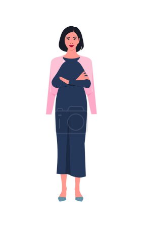 Portrait of an Asian woman stands full-length with arms crossed. Popular office professions and business. Vector flat illustration