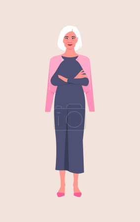 Portrait of an elderly woman stands full-length with arms crossed. Grandmother. Vector flat illustration