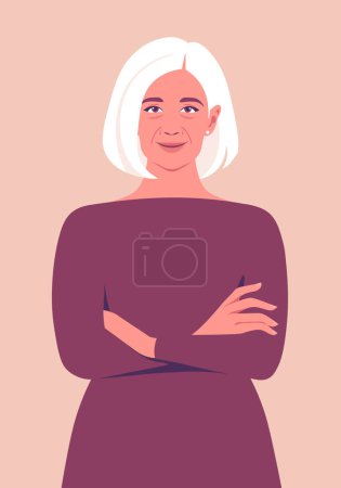 Portrait of an elderly woman stands with arms crossed. Grandmother. Vector flat illustration