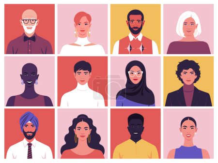 Illustration for A set of smiling faces of people of different races and nations. Diversity. Happy modern young and old person avatars. Society and population. Vector flat Illustration - Royalty Free Image