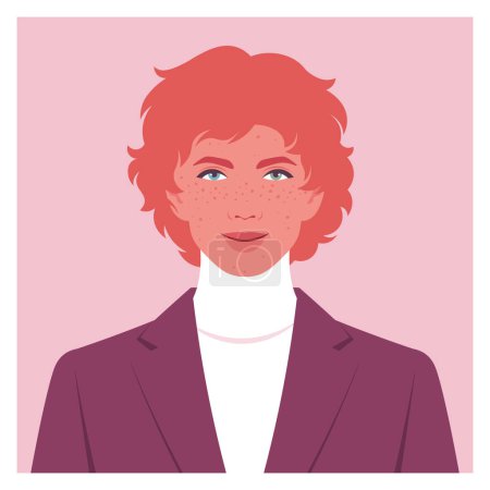 Téléchargez les illustrations : Le visage d'un jeune homme roux aux taches de rousseur sur fond rose. Modèle de mode. Illustration vectorielle plate - en licence libre de droit