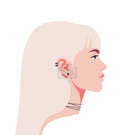 Téléchargez les illustrations : Un profil d'une jeune femme blonde au piercing. Vue latérale. Modèle de mode. Illustration vectorielle plate - en licence libre de droit