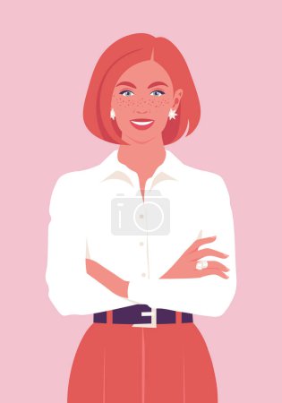 Portrait of a red-haired woman with freckles stands with arms crossed. Diversity. Vector flat illustration