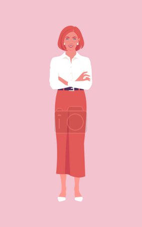 Portrait of of a red-haired woman with freckles stands full-length with arms crossed. Popular office professions and business. Vector flat illustration