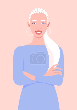 Portrait of an albino African woman stands with arms crossed. Diversity. Vector flat illustration
