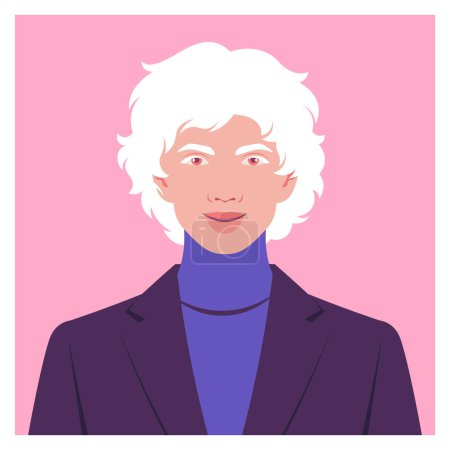 Téléchargez les illustrations : Le visage d'un homme albinos aux cheveux blancs sur fond rose. Modèle de mode. Illustration vectorielle plate - en licence libre de droit