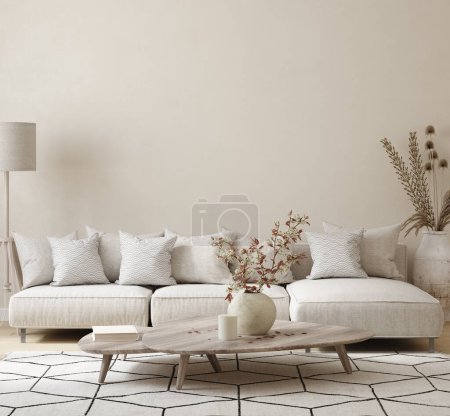 Téléchargez les photos : Accueil maquette, chambre beige avec mobilier en bois naturel, Scandi boho style fond intérieur, rendu 3d - en image libre de droit