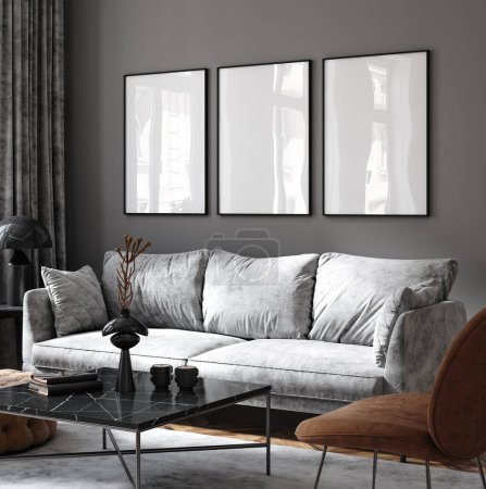 Téléchargez les photos : Monture affiche Mockup intérieur moderne, chambre grise avec décoration marron, rendu 3d - en image libre de droit