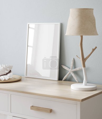 Photo for Frame mockup in coastal bedroom interior background, 3d render - Royalty Free Image