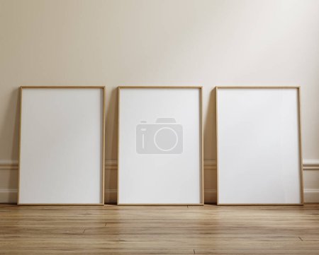 Foto de Marco del cartel burla de cerca de pie en el suelo cerca de la pared en una habitación, 3d render - Imagen libre de derechos