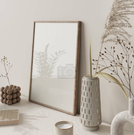 Foto de Marco simulado en el fondo interior del hogar, habitación beige con muebles de madera natural, estilo Escandi Boho, 3d render - Imagen libre de derechos