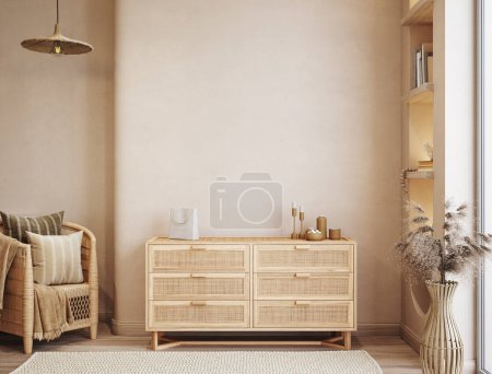 Foto de Scandi-Boho interior de la sala de estar, maqueta de pared, 3d render - Imagen libre de derechos