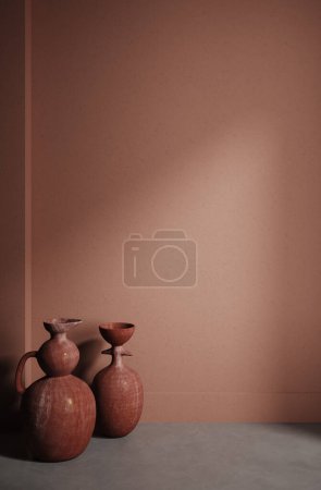 Photo for Home interior with ethnic boho decoration, living room in brown warm color, 3d render - Royalty Free Image