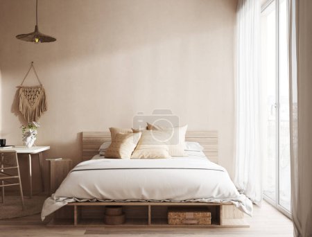 Photo for Home mockup, Coastal boho style bedroom interior background, 3d render - Royalty Free Image