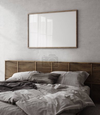 Mockup-Rahmen in gemütlichen einfachen Schlafzimmer Interieur Hintergrund, 3D-Render