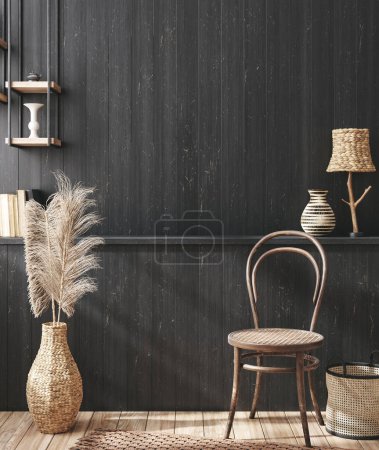 Photo for Home interior, rustic room with old rattan furniture and ethnic decor, blank wall mockup, 3d render - Royalty Free Image