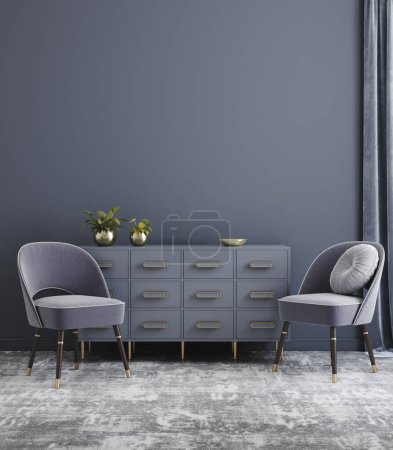 Foto de Pared maqueta en blanco simple interior con muebles de madera, estilo escandi-boho, 3d render - Imagen libre de derechos