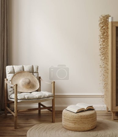 Photo for Wall mock up in white simple interior with wooden furniture, Scandi-Boho style, 3d render - Royalty Free Image