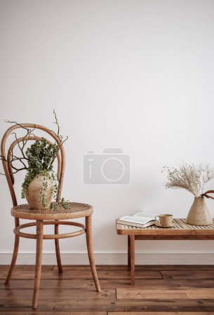Photo for Wall mock up in white simple interior with wooden furniture, Scandi-Boho style, 3d render - Royalty Free Image