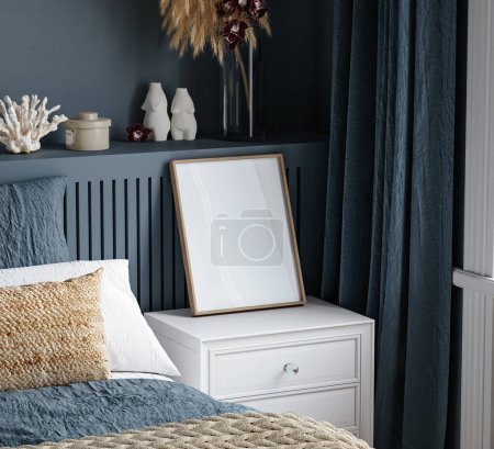 Photo for Frame mockup in cozy dark classic blue bedroom interior background, 3d render - Royalty Free Image