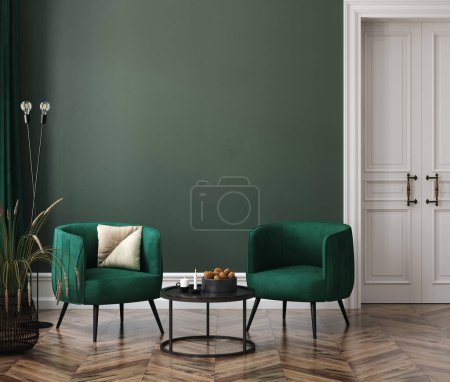 Photo for Home interior mock-up with green armchairs, table and decor in living room, 3d render - Royalty Free Image