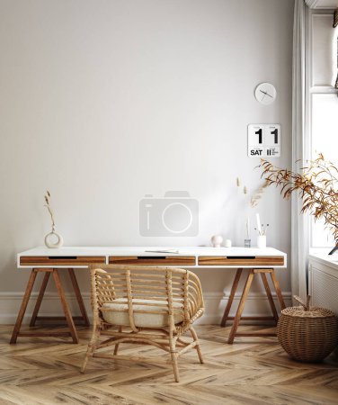 Photo for Blank wall mockup in white interior with natural wooden furniture, 3d render - Royalty Free Image