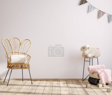 Photo for Children room with natural wooden furniture and toys, wall mockup, 3D render - Royalty Free Image