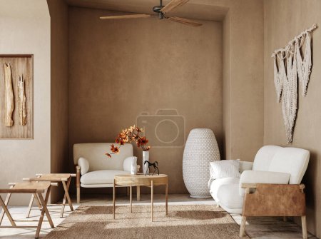Photo for Modern nomadic home interior background in beige tones, 3d render - Royalty Free Image