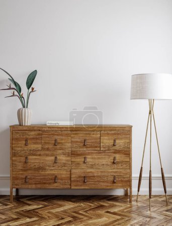 Photo for Home mockup, white room with natural wooden furniture, 3d render - Royalty Free Image
