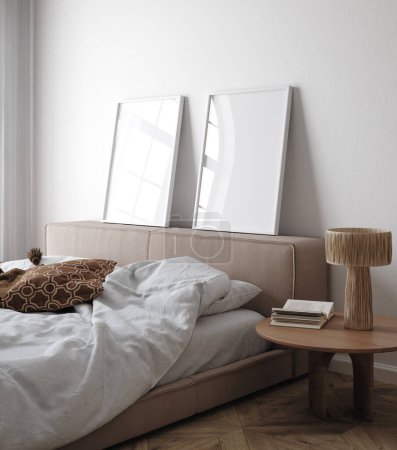 Photo for Mockup frame in bedroom interior background, Scandinavian style, 3d render - Royalty Free Image