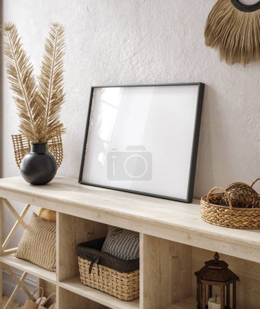 Photo for Mockup frame in nomadic boho interior background with rustic decor, 3d render - Royalty Free Image