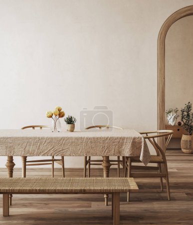 Foto de Casa de campo escandinava comedor interior, maqueta de pared, 3d render - Imagen libre de derechos