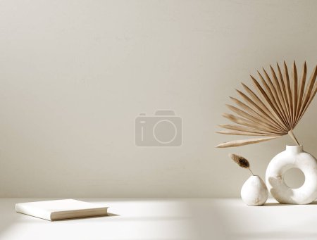 Photo for Vase with dry flower and book close up in home interior background, Boho style, 3d render - Royalty Free Image