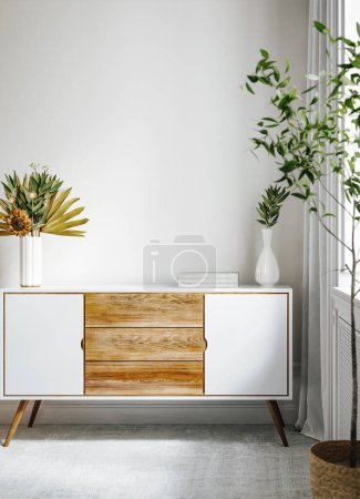 Photo for Wall mock up in white simple interior, Scandi-Boho style, 3d render - Royalty Free Image