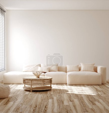 Foto de Inicio maqueta, habitación en colores pastel claro, sala de estar costera fondo interior, 3d render - Imagen libre de derechos