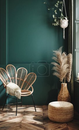 Foto de Inicio mock-up interior con sillón de ratán, puf y decoración de mimbre en sala de estar, 3d render - Imagen libre de derechos