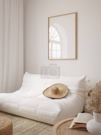 Photo for Mockup frame in bedroom interior background, Coastal boho style, 3d render - Royalty Free Image