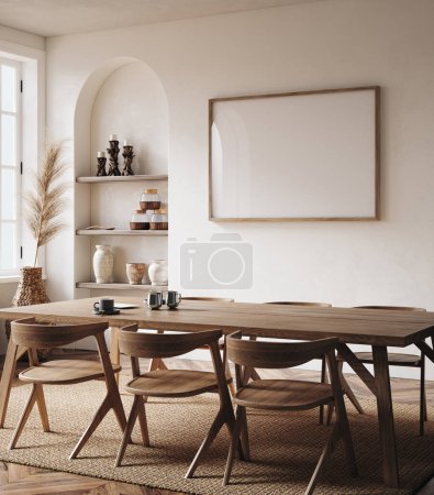 Frame mockup in nomadic boho kitchen interior with rustic decor, 3d render