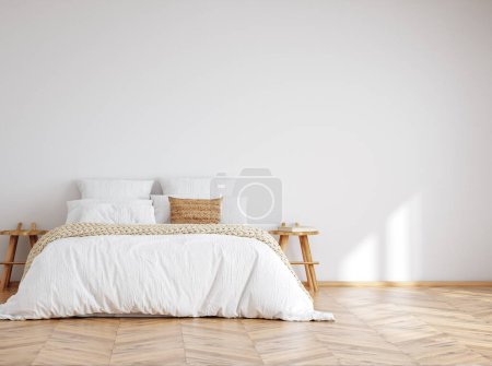 Photo for Home mockup, white cozy bedroom interior with double bed and white blank wall, 3d render - Royalty Free Image
