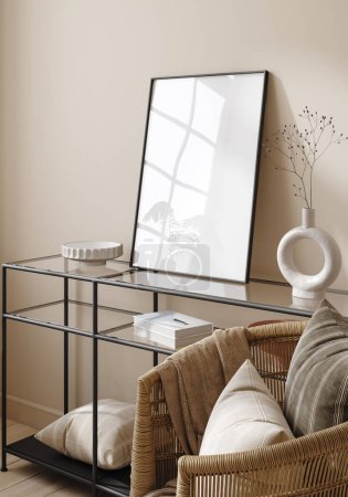Photo for Mockup frame in interior background, light pastel beige room, 3d render - Royalty Free Image