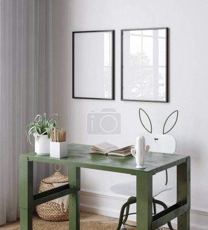 Photo for Frame mockup in boys room in military style room interior, 3D rendering - Royalty Free Image