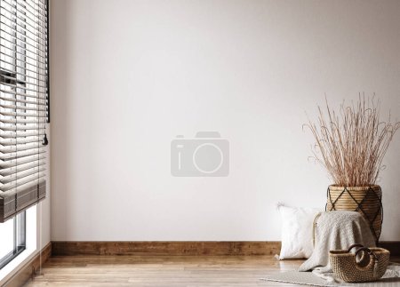 Foto de Interior de la casa vacía contemporánea, estilo escandi-boho, 3d render - Imagen libre de derechos