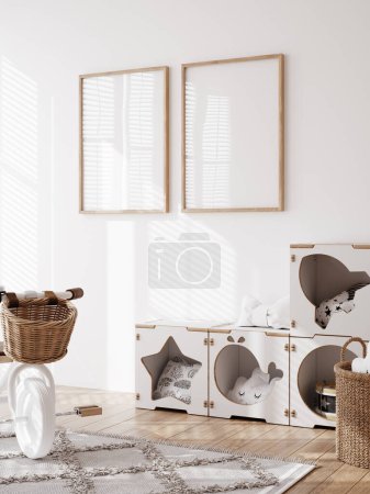 Foto de Simular marco de póster en blanco acogedora habitación de los niños fondo interior, 3D render - Imagen libre de derechos
